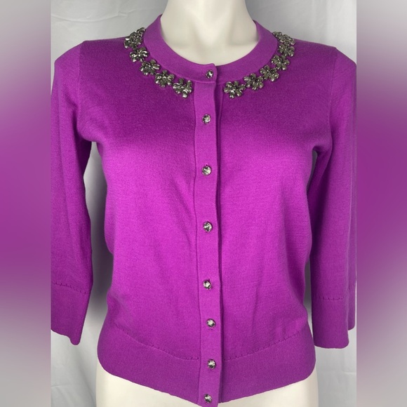 Kate Spade New York 'Leni'Crystal Embellished Jewel Cardigan 3/4 Sleeve Purple S - Picture 2 of 12